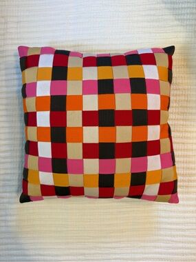 Multicolor Mini Checker Woven Ribbon Throw Pillow - Pink, Orange & Red Accent